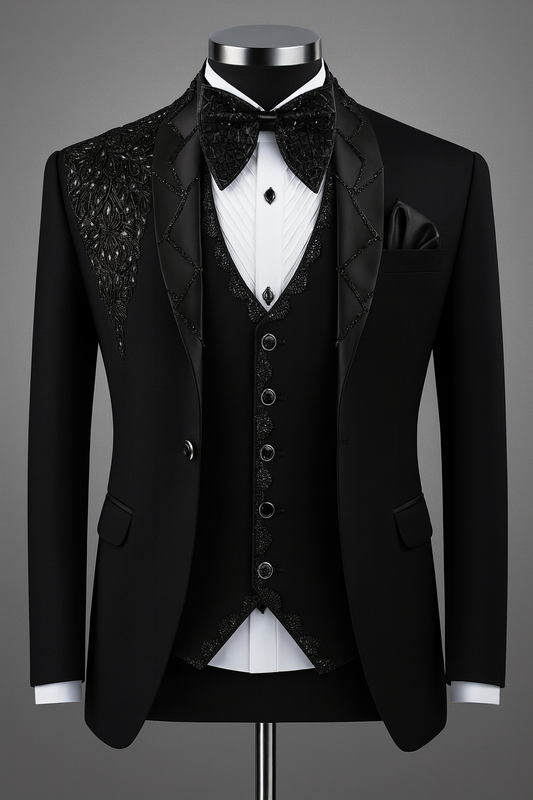 Men’s Luxury Black Embroidered 3-Piece Tuxedo Set | Designer Handwork Blazer, Waistcoat & Bow Tie for Groom & Parties