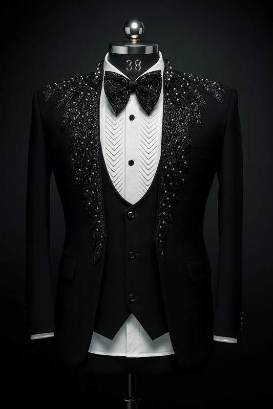 Men’s Luxury 3-Piece Black Embellished Tuxedo Set | Designer Sequin Work Blazer, Waistcoat & Bow Tie for Groom & Events