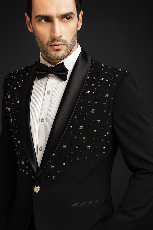 Men’s Luxury Black Studded Tuxedo Blazer | Designer Satin Lapel Party Wear Coat for Groom & Events