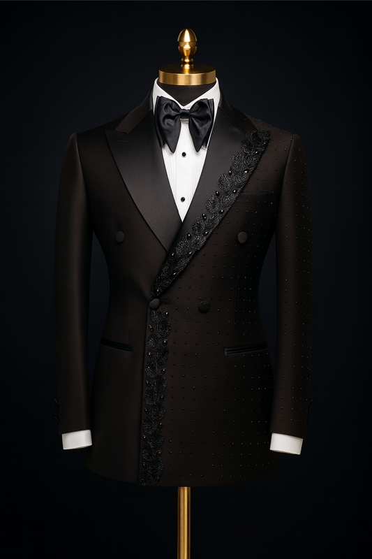 Men’s Premium Black Embellished Double-Breasted Tuxedo | Luxury Satin Lapel Suit with Handcrafted Bead Detailing
