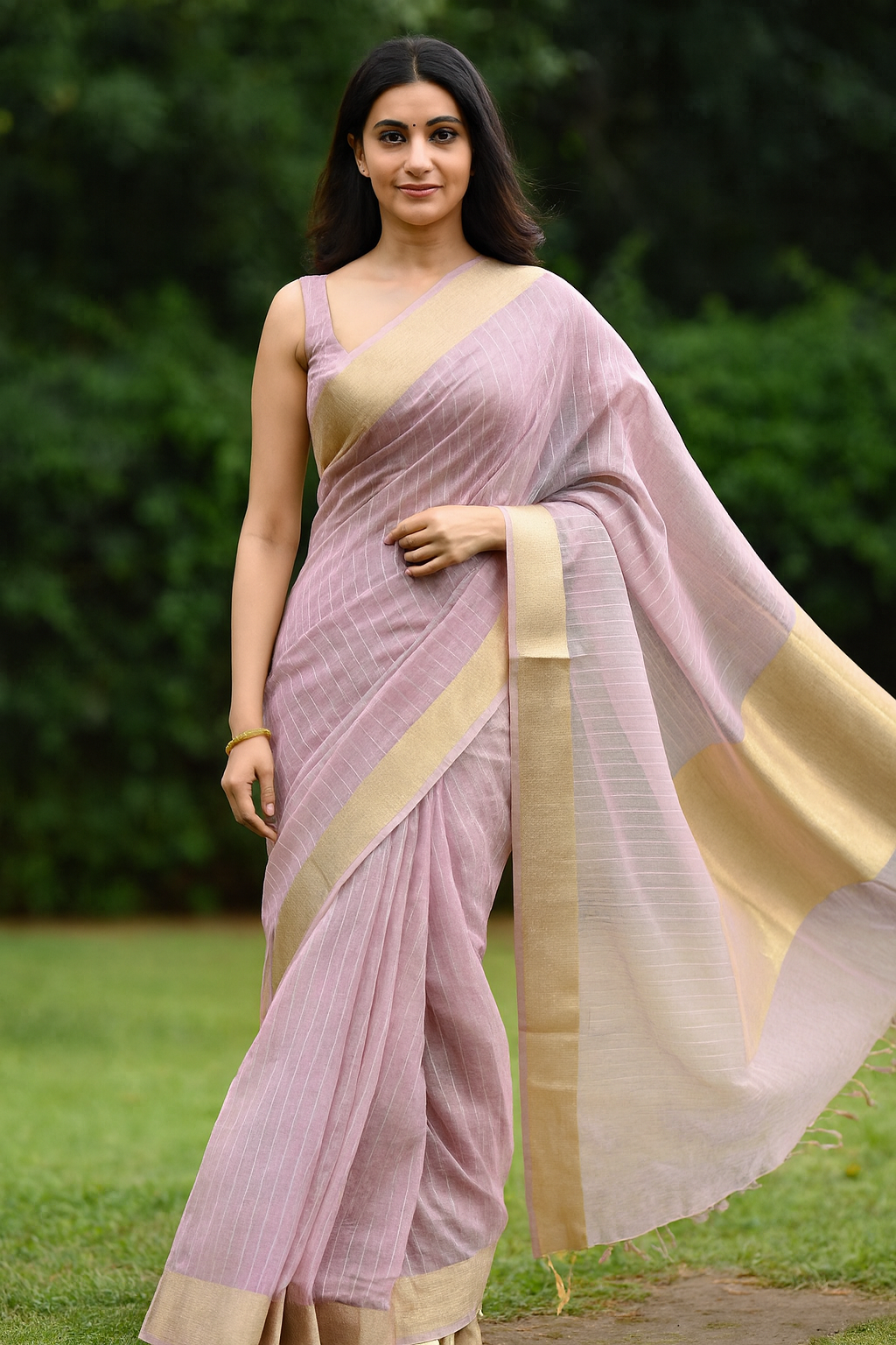 Elegant Light Onion Pink Handwoven Organza Saree with Golden Zari Border