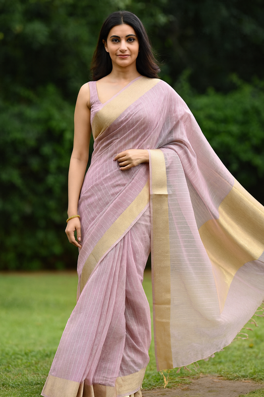 Elegant Light Onion Pink Handwoven Organza Saree with Golden Zari Border
