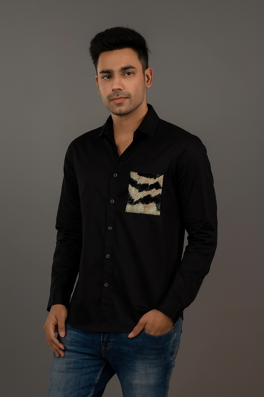 Mens Black Designer Shirt with Hand-Embellished Gold Sequin Pocket | Premium Partywear Western Shirt