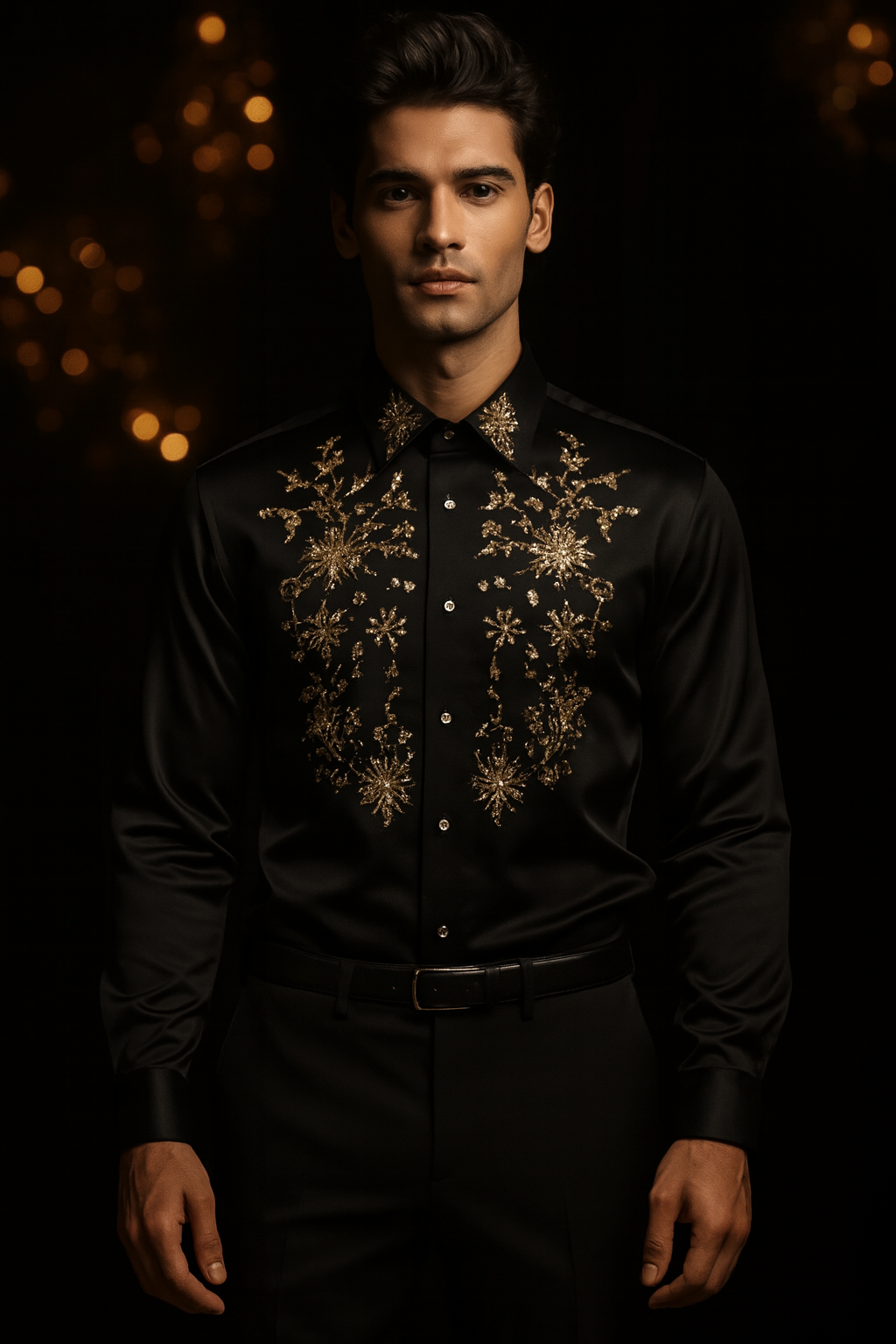 Men’s Luxury Black Satin Embroidered Shirt | Premium Golden Zari & Sequin Floral Designer Partywear Shirt