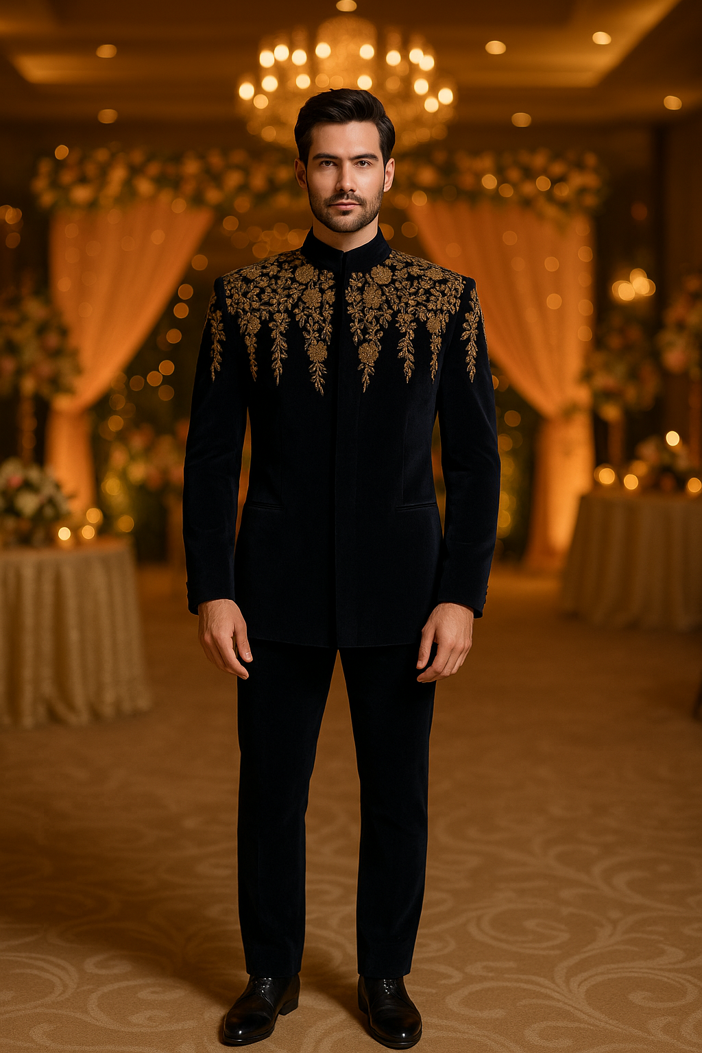 Men’s Royal Black Velvet Heavy Zari Embroidered Bandhgala Suit Set | Luxury Groom Indo-Western Coat for Wedding & Reception