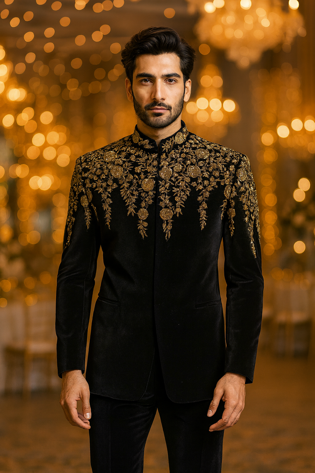 Men’s Royal Black Velvet Heavy Zari Embroidered Bandhgala Suit Set | Luxury Groom Indo-Western Coat for Wedding & Reception