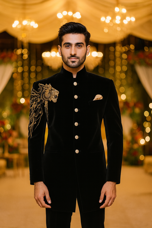 Men’s Royal Black Velvet Lion Embroidered Bandhgala | Luxury Hand Zari Work Indo-Western Coat for Groom & Wedding Events