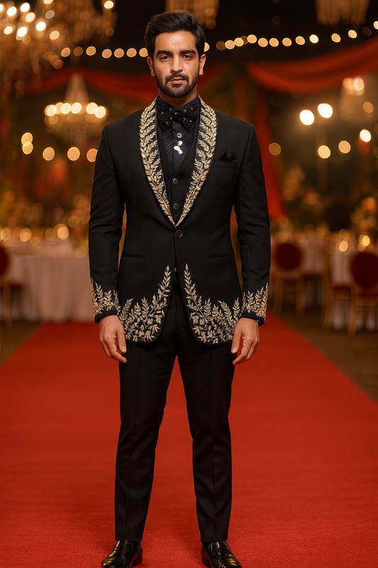 Black Royal Embroidered Tuxedo Suit for Men with Heavy Golden Handwork | Premium Groom & Partywear 3-Piece Set