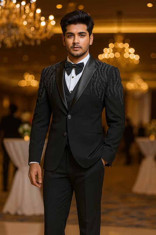 Black Luxury Hand-Embroidered Tuxedo Blazer & Suit for Men with 3D Beaded Shoulder Detailing | Premium Wedding & Partywear