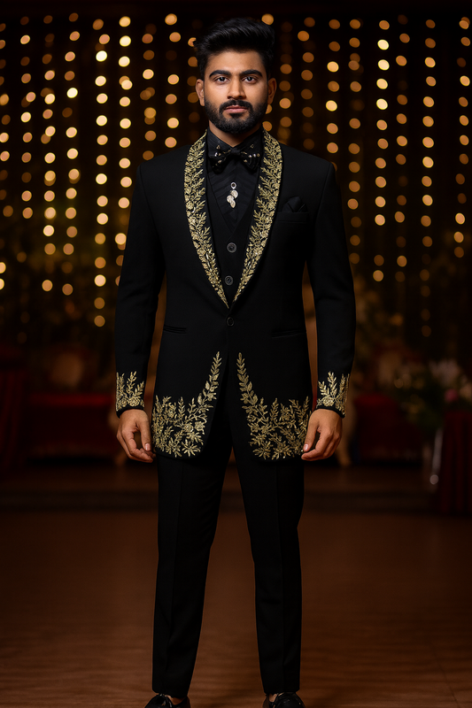 Black Royal Embroidered Tuxedo Suit for Men with Heavy Golden Handwork | Premium Groom & Partywear 3-Piece Set