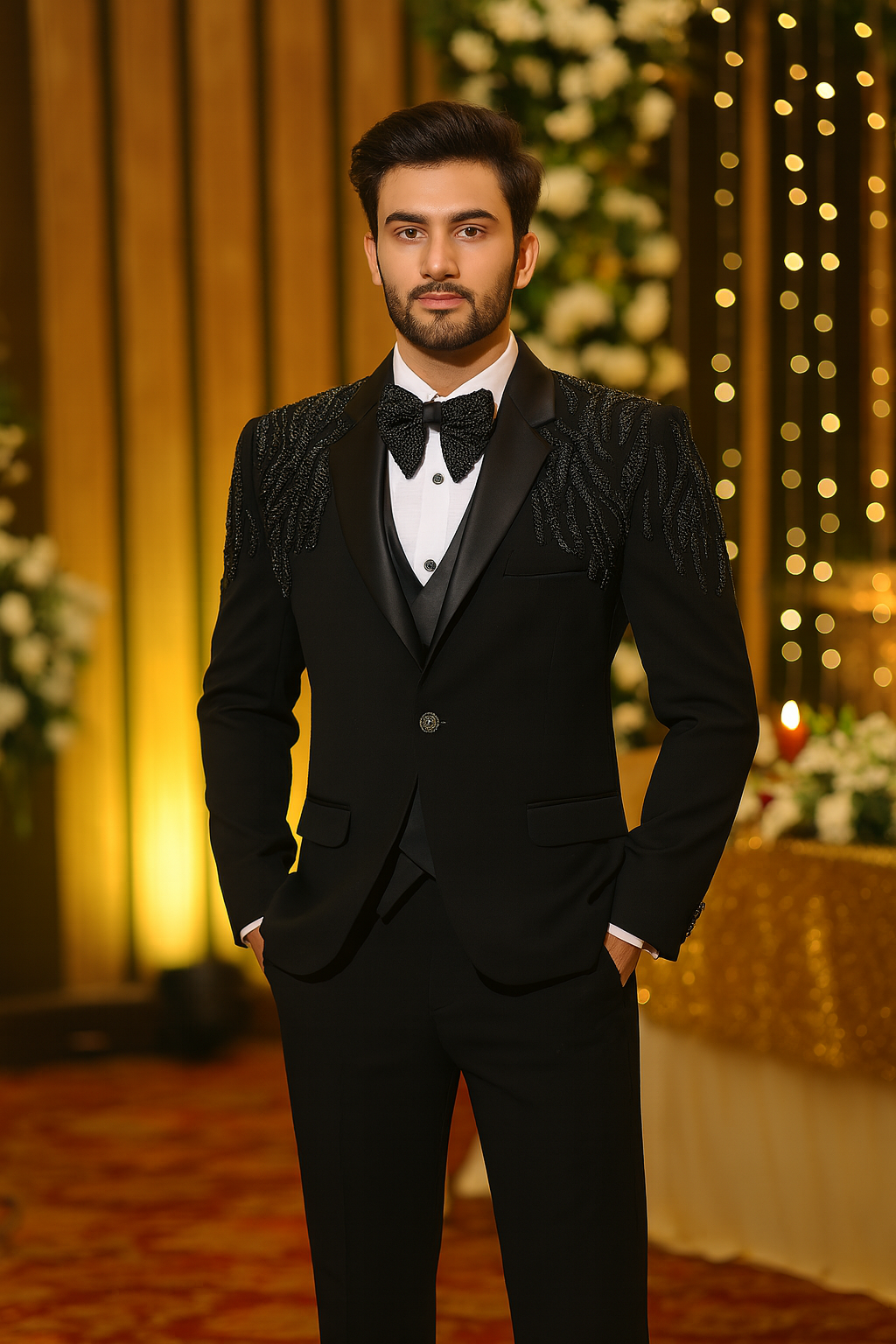 Black Luxury Hand-Embroidered Tuxedo Blazer & Suit for Men with 3D Beaded Shoulder Detailing | Premium Wedding & Partywear