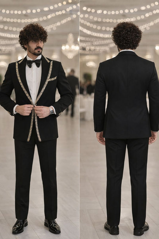 Black Premium Embroidered Lapel Tuxedo Blazer for Men | Designer Partywear & Wedding Suit Jacket