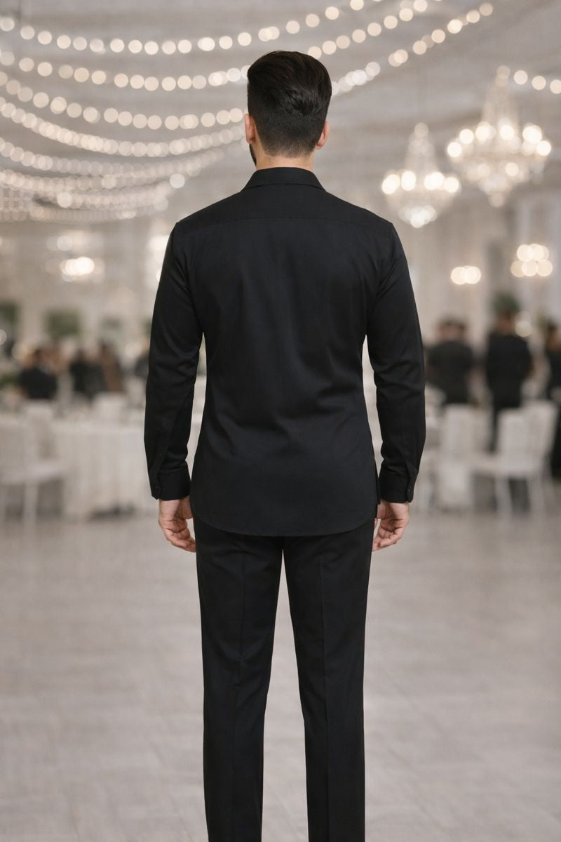 Black Luxury Partywear Shirt for Men with Golden Lion Shoulder Embellishment | Designer Slim-Fit Statement Shirt