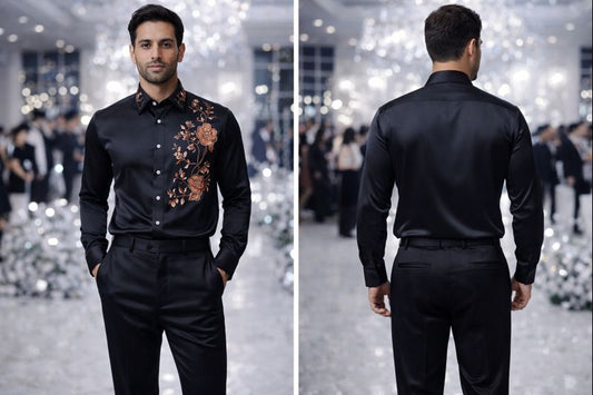 Black Premium Satin Shirt for Men with Copper Floral Embroidery | Designer Partywear Slim-Fit Shirt