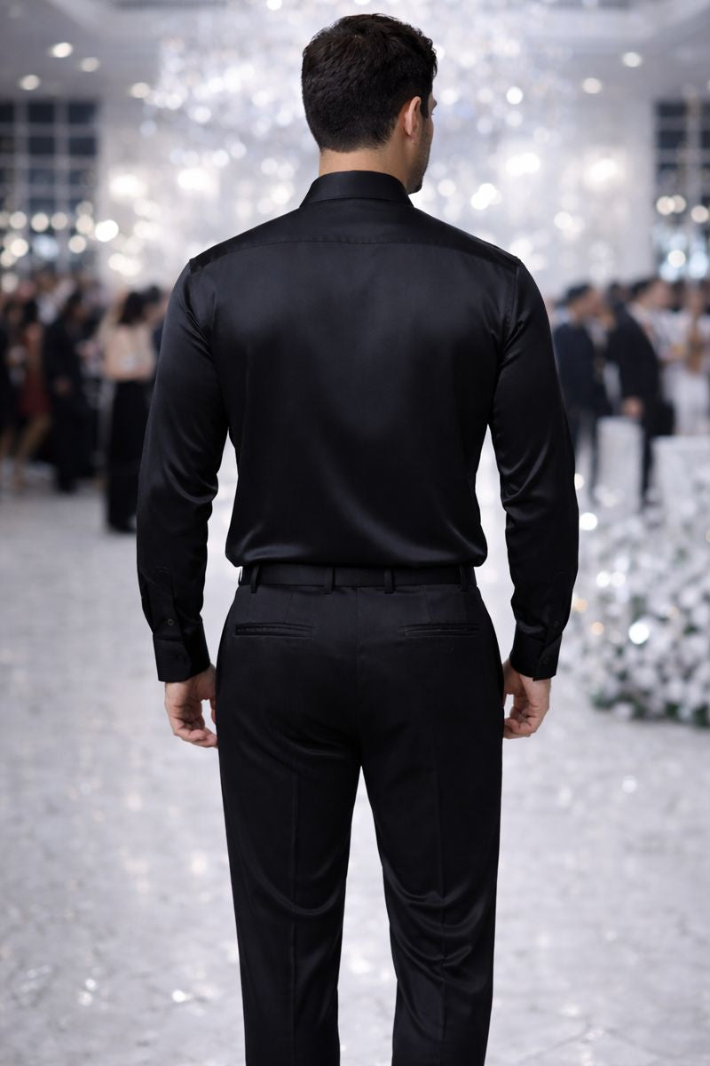 Black Premium Satin Shirt for Men with Copper Floral Embroidery | Designer Partywear Slim-Fit Shirt