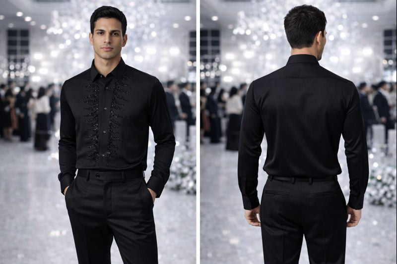 Black Premium Partywear Shirt for Men with Black Sequin Embellished Panel | Luxury Designer Slim-Fit Shirt