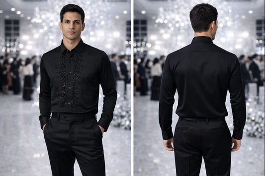 Black Premium Partywear Shirt for Men with Black Sequin Embellished Panel | Luxury Designer Slim-Fit Shirt