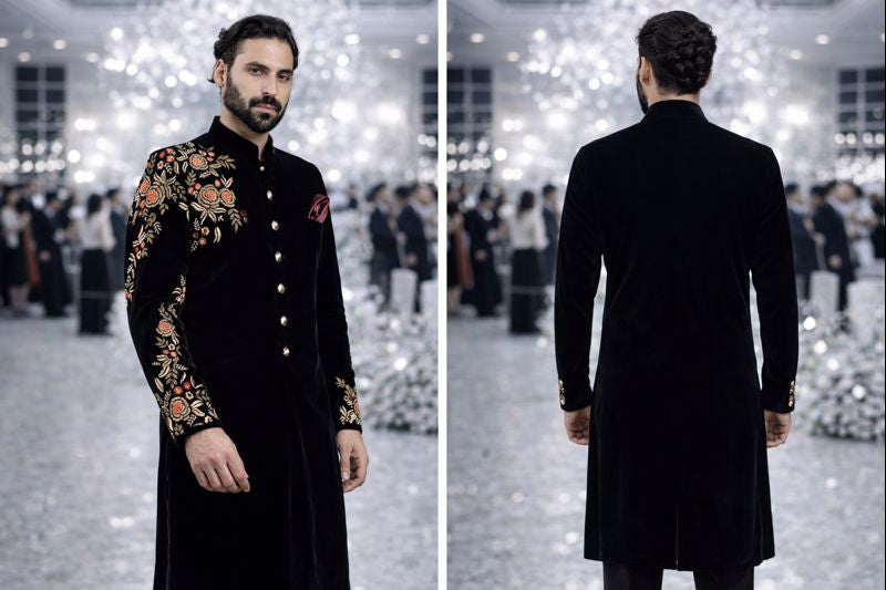 Black Velvet Embroidered Indo-Western for Men | Premium Groom & Partywear Sherwani Coat Pant Set