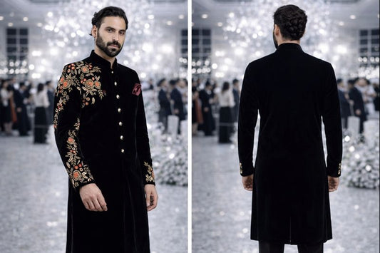 Black Velvet Embroidered Indo-Western for Men | Premium Groom & Partywear Sherwani Coat Pant Set