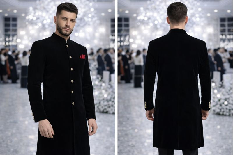 Black Velvet-Look Embroidered Indo-Western Coat for Men | Luxury Floral Handwork Partywear