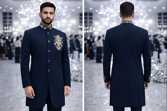 Men’s Royal Navy Blue Embroidered Bandhgala Jacket | Premium Golden Zari Work Indo-Western Coat for Wedding & Festive Wear