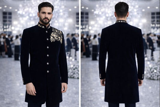 Men’s Royal Black Velvet Embroidered Bandhgala | Luxury Hand Zari Floral Work Indo-Western Coat for Wedding & Reception