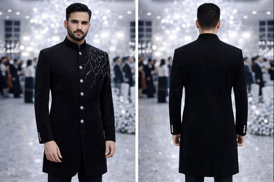 Men’s Premium Black Embroidered Bandhgala Coat | Designer Handwork Indo-Western Jacket for Wedding & Party Wear