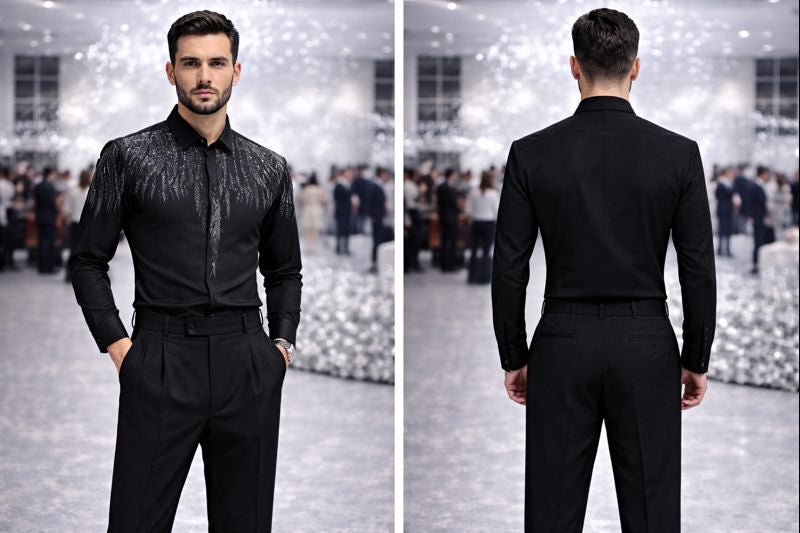 Men’s Premium Black Partywear Shirt with Metallic Feather Embroidery | Full Sleeves Luxury Designer Shirt