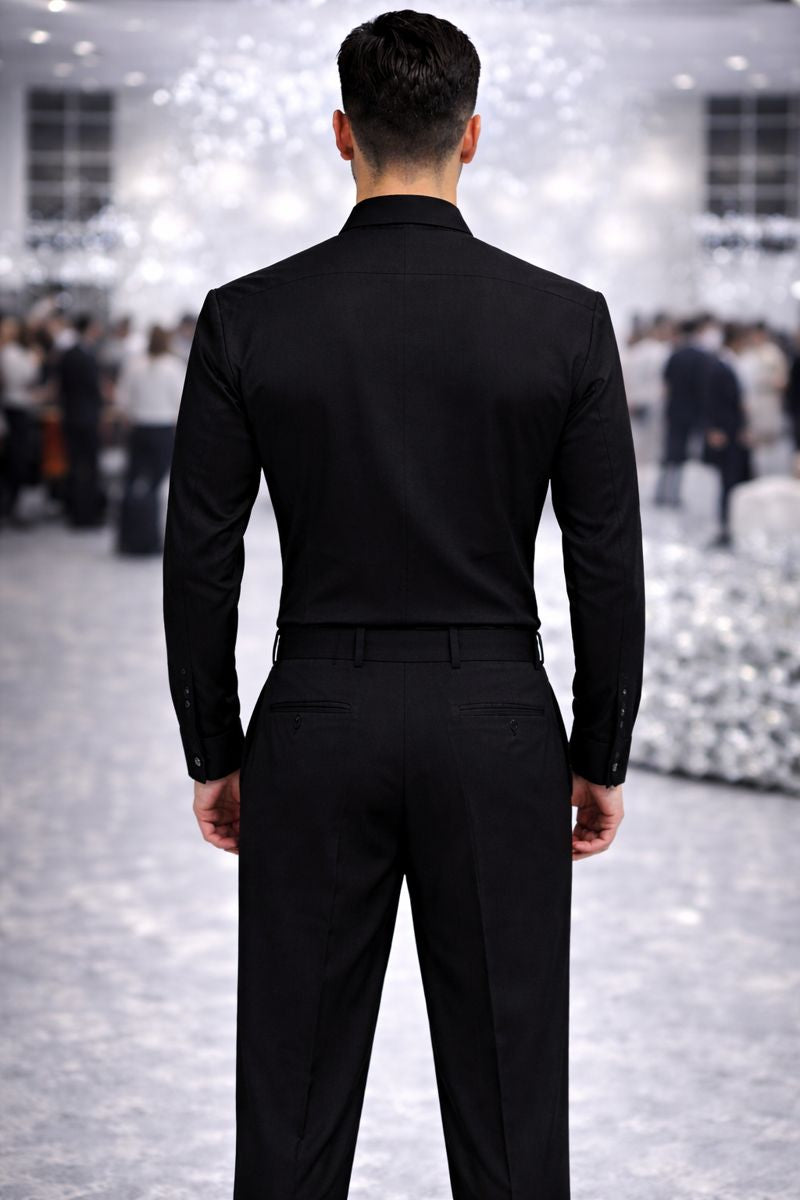 Men’s Premium Black Partywear Shirt with Metallic Feather Embroidery | Full Sleeves Luxury Designer Shirt