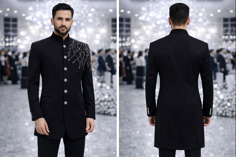Men’s Black Indo-Western Coat with Silver Hand Embroidery – Royal Designer Festive & Wedding Wear