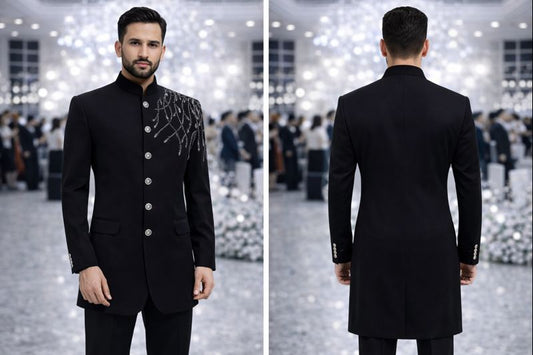 Men’s Black Indo-Western Coat with Silver Hand Embroidery – Royal Designer Festive & Wedding Wear