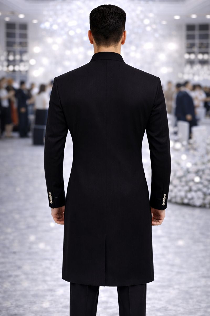 Men’s Black Indo-Western Coat with Silver Hand Embroidery – Royal Designer Festive & Wedding Wear
