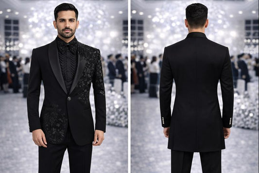 Luxury Black Embroidered Tuxedo with Handwork Detailing- 5 pcs suit