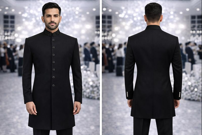 Luxury All-Black Embroidered Sherwani for Groom
