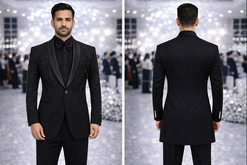 Black Luxury Embellished Tuxedo Blazer for Men with Satin Shawl Lapel | Designer Party & Wedding Wear