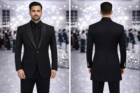 Black Luxury Embellished Tuxedo Blazer for Men with Satin Shawl Lapel | Designer Party & Wedding Wear
