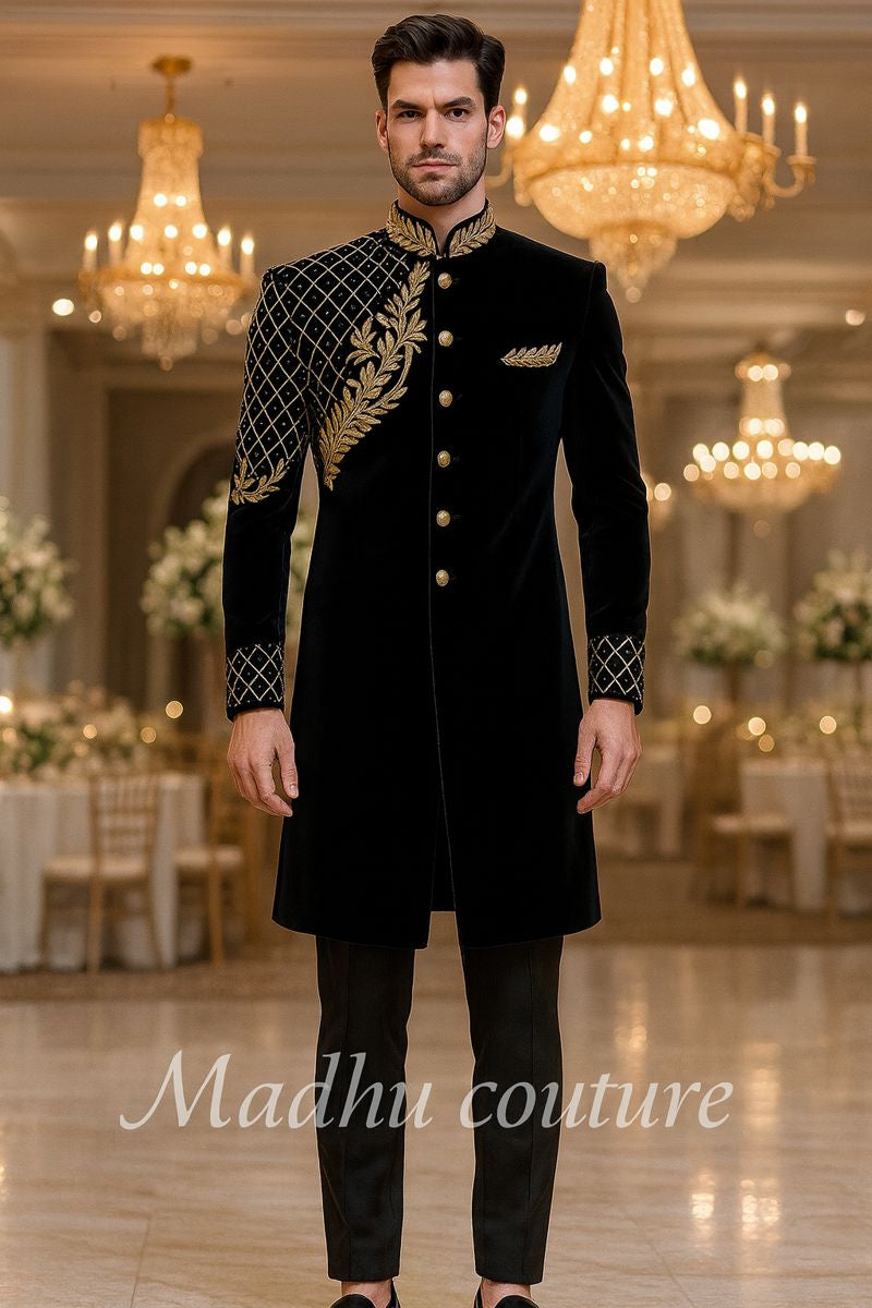 black Velvet Royal Sherwani for Men with Heavy Golden Hand Embroidery | Premium Designer Groom Wear