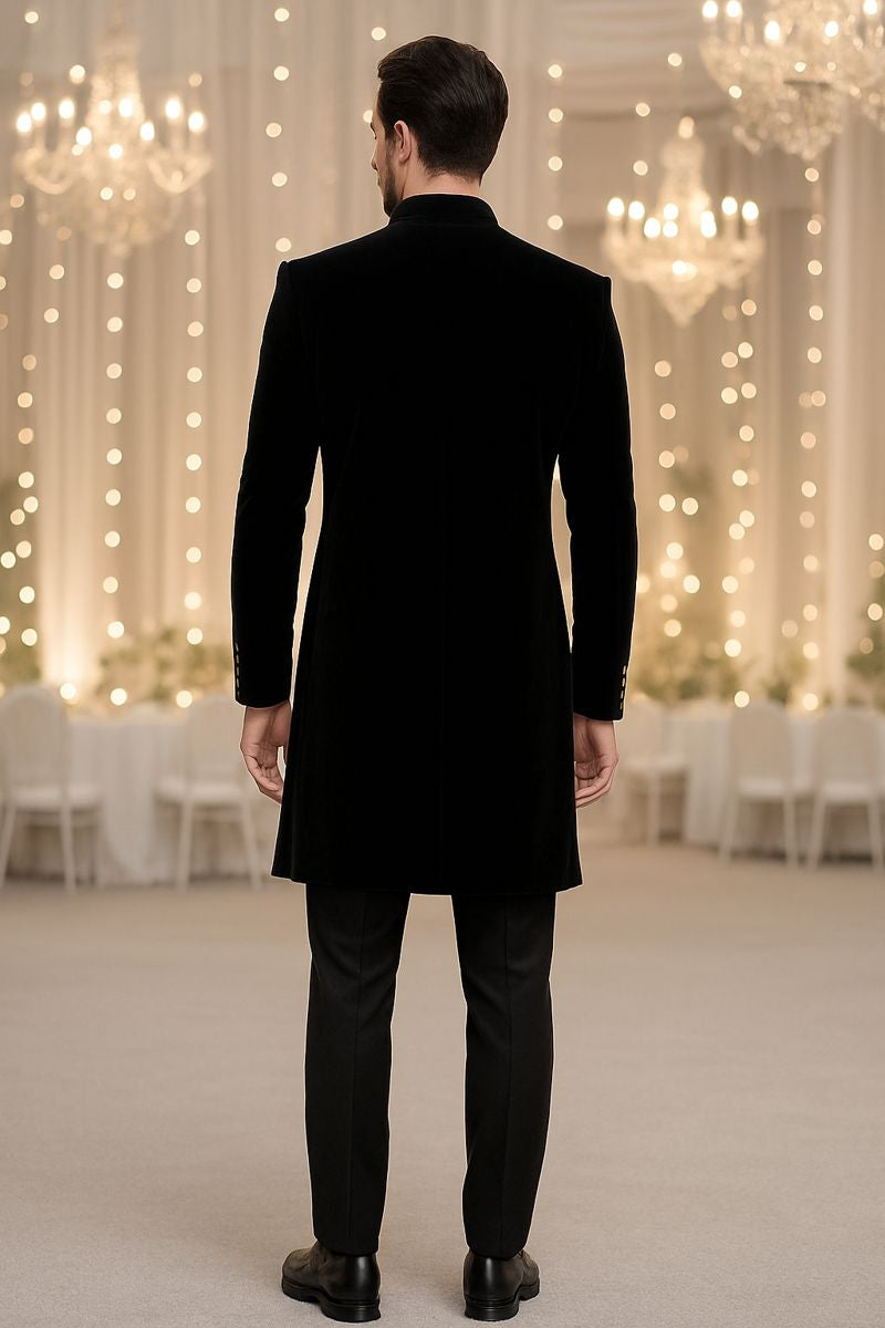 black Velvet Royal Sherwani for Men with Heavy Golden Hand Embroidery | Premium Designer Groom Wear