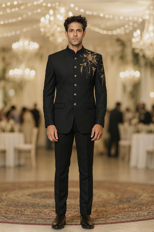 Black Designer Indo-Western Jodhpuri Suit for Men with Golden Embroidered Shoulder Motif | Premium Wedding & Partywear