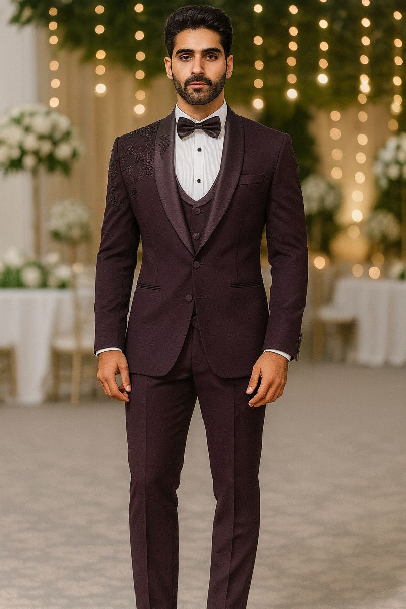 Plum Purple Luxury Embroidered Tuxedo Suit for Men with Hand-Beaded Floral Detailing | Premium Wedding & Partywear