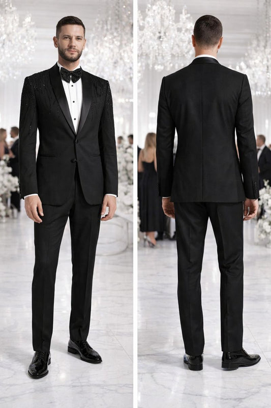 Black Luxury Embellished Tuxedo Suit for Men with Beaded Shoulder Detailing | Premium Wedding & Partywear