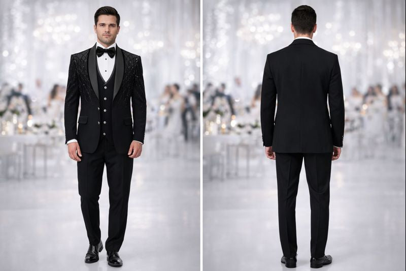 Black Luxury Three-Piece Tuxedo Suit for Men with Hand-Embellished Pattern Work | Premium Wedding & Partywear