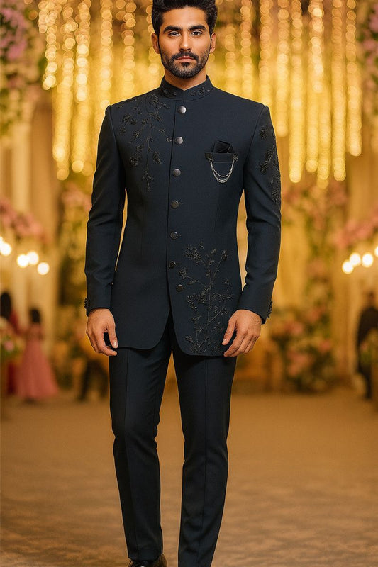 Black Designer Indo-Western Jodhpuri Suit for Men with 3D Floral Embroidery | Premium Groom & Partywear