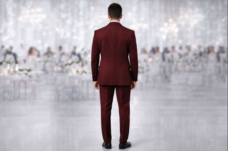 Burgundy Luxury Three-Piece Tuxedo Suit for Men with Black Shimmer Lapel | Designer Wedding & Partywear
