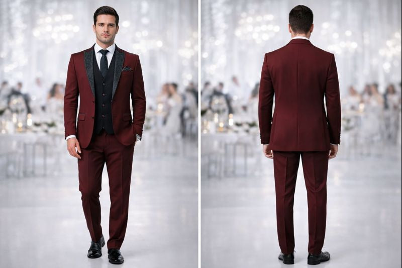 Black & Maroon Luxury Three-Piece Suit for Men | Designer Contrast Blazer with Maroon Waistcoat & Trouser
