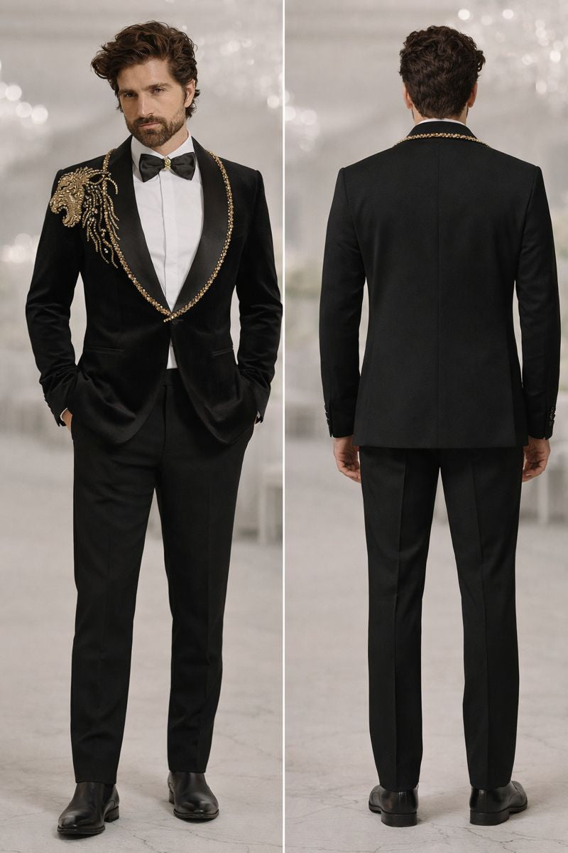 Black Velvet Tuxedo Blazer for Men with Hand-Beaded Gold Lapel | Luxury Designer Wedding & Partywear