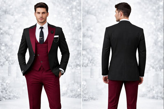 Black & Maroon Luxury Three-Piece Suit for Men | Designer Contrast Blazer with Maroon Waistcoat & Trouser