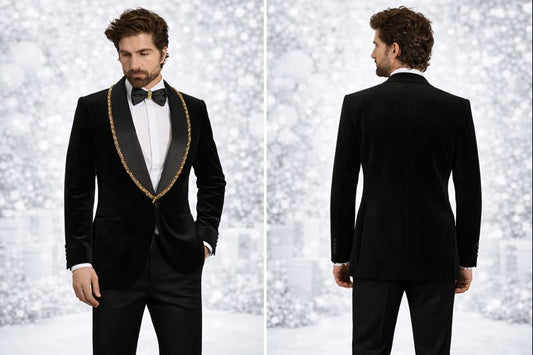 Black Velvet Tuxedo Blazer for Men with Hand-Beaded Gold Lapel | Luxury Designer Wedding & Partywear