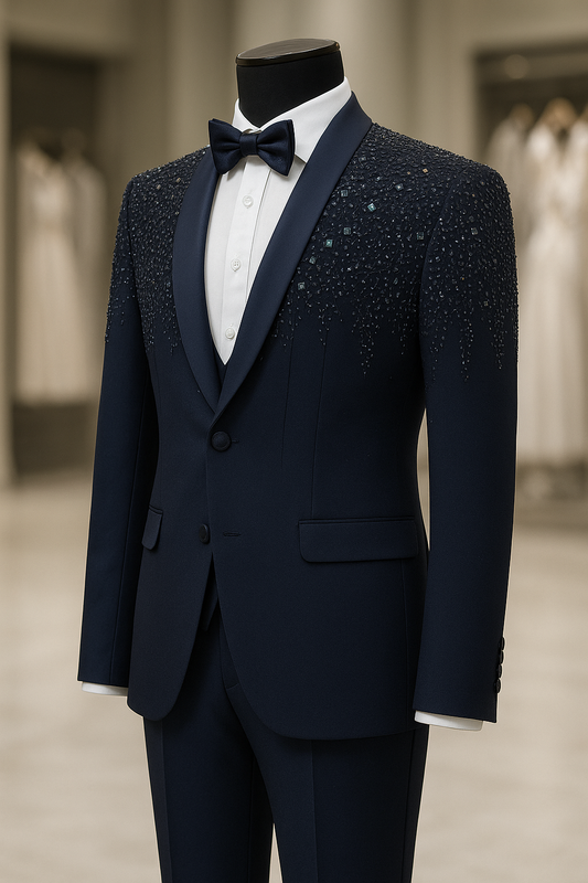 Men’s Premium Navy Blue Hand-Beaded Tuxedo Blazer | Designer Crystal & Sequin Embellished Wedding & Party Wear Coat