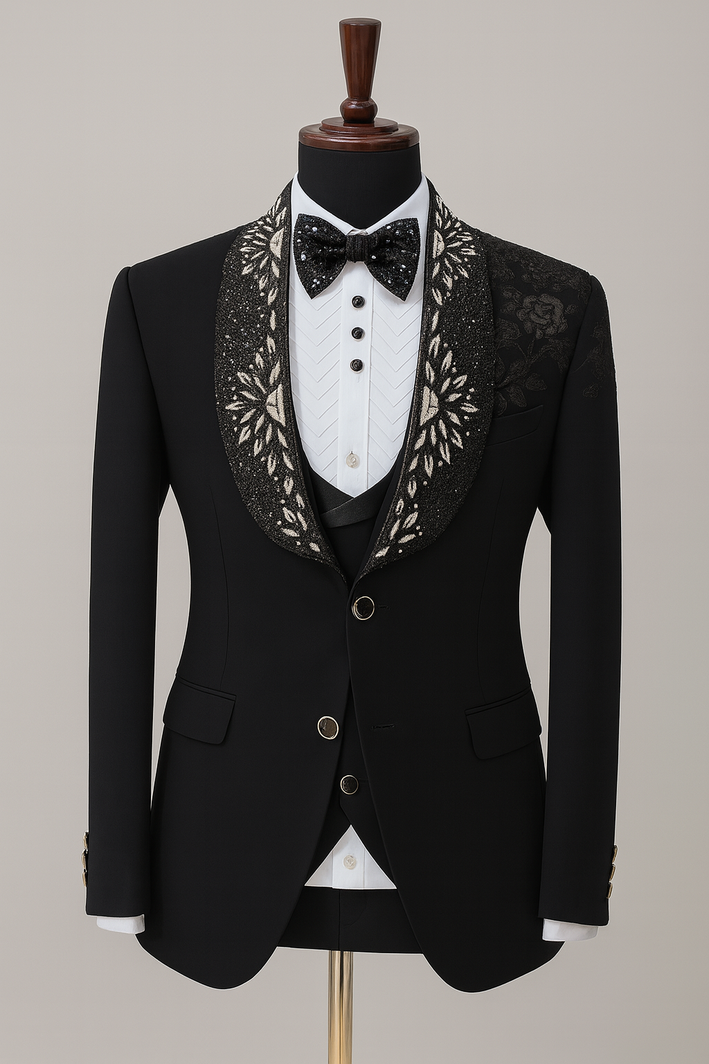 Luxury Black Embellished Tuxedo with Sequin Floral Lapel- 5pcs set